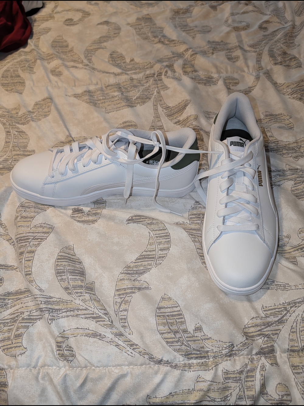 PUMA Women’s White Low-Top Casual Sneakers with Olive Accent